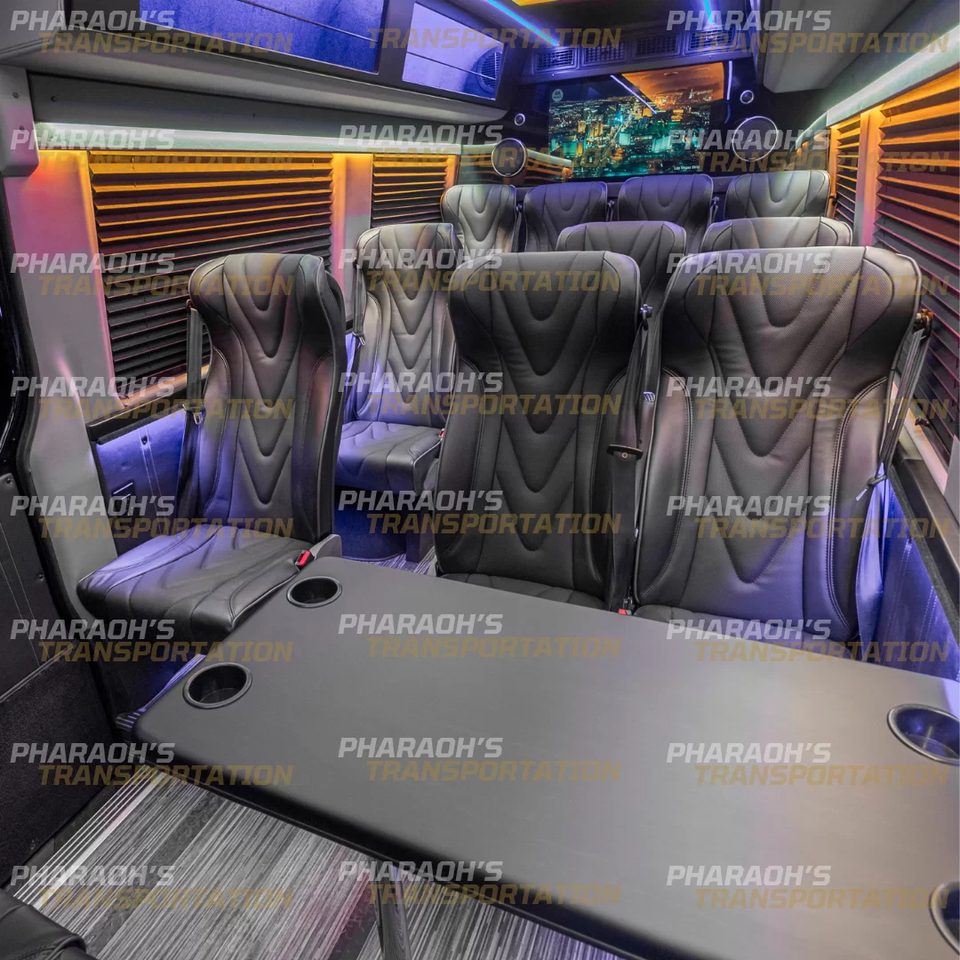 Executive Sprinter interior lounge seating with table, Pharaoh's Transportation